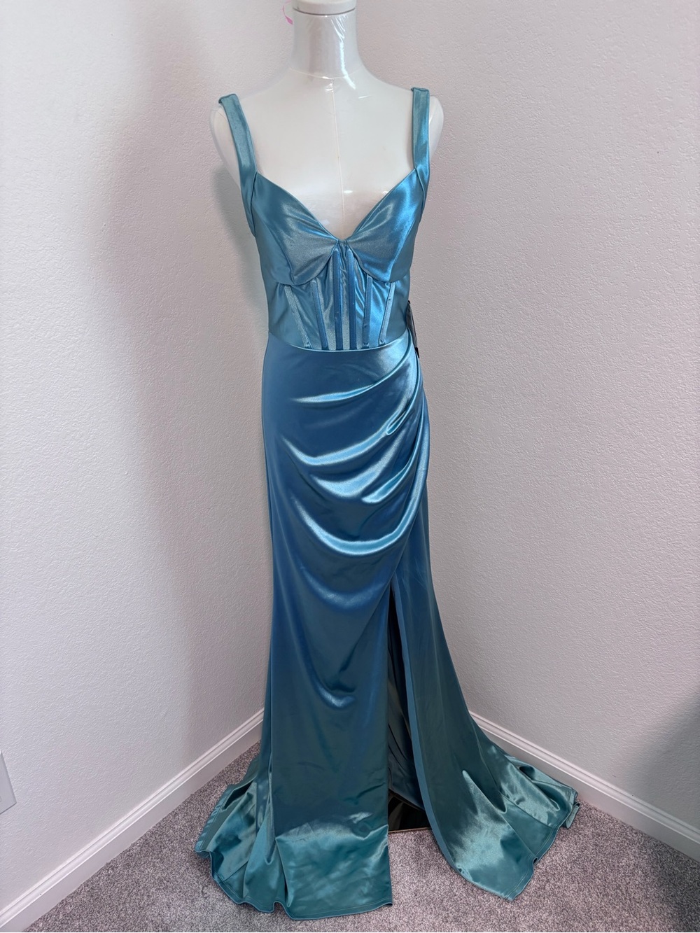 City Studio Satin Corset Sequin Back Evening Gown Dark Aqua Size 9 NWT
